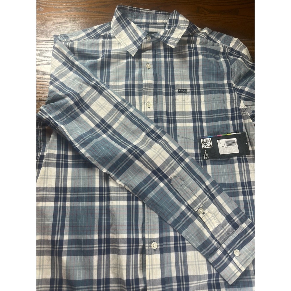 NEW Hurley Castle Woven Mens Button Up Long Sleeve Blue Plaid Pocket Shirt NWT